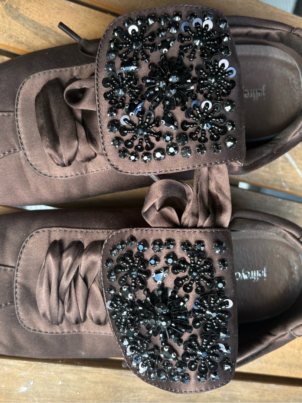 Jeffrey Campbell Brown Embellished Satin Ribbon Tie Flats